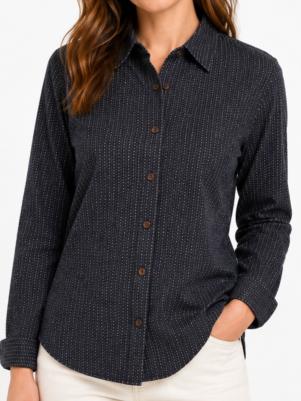Vintage Façonnable Women’s Large Navy Brown Micro Dot Button Front Shirt France
